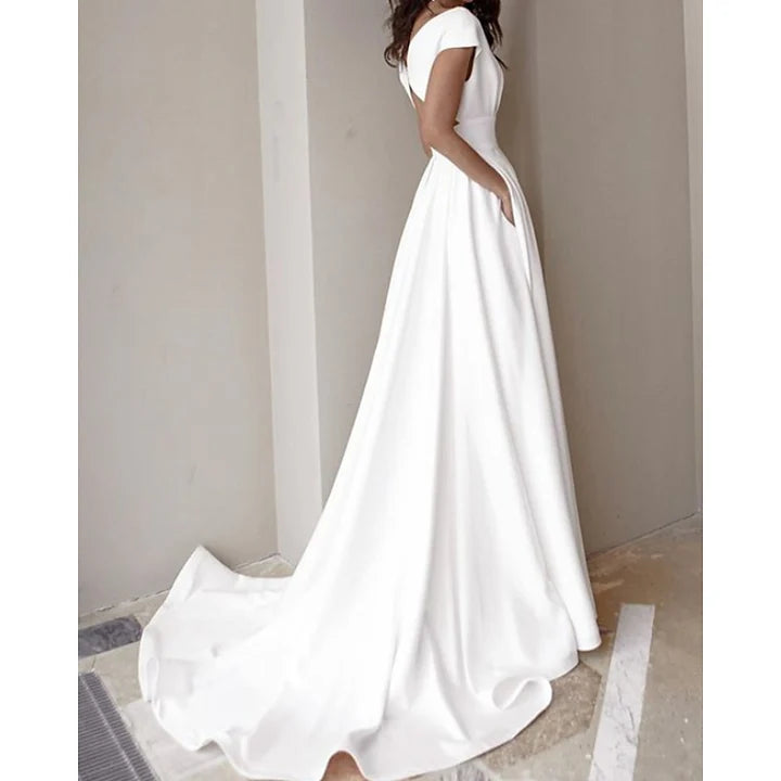 Wholesale A Line/Princess V-Neck Cap Sleeve Wedding Dresses Sweep / Brush Train With Split Front